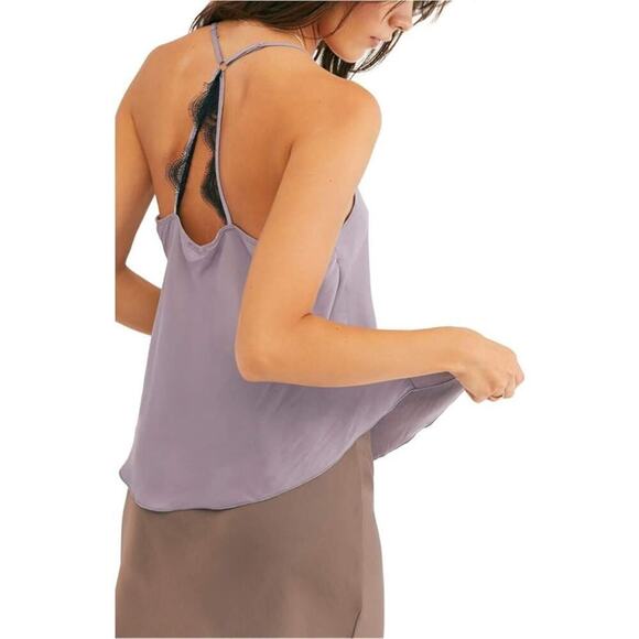 NEW NWT Free People Starlight V-Neck Lace Trim Cami Top Silver Mauve Purple S - Picture 2 of 11